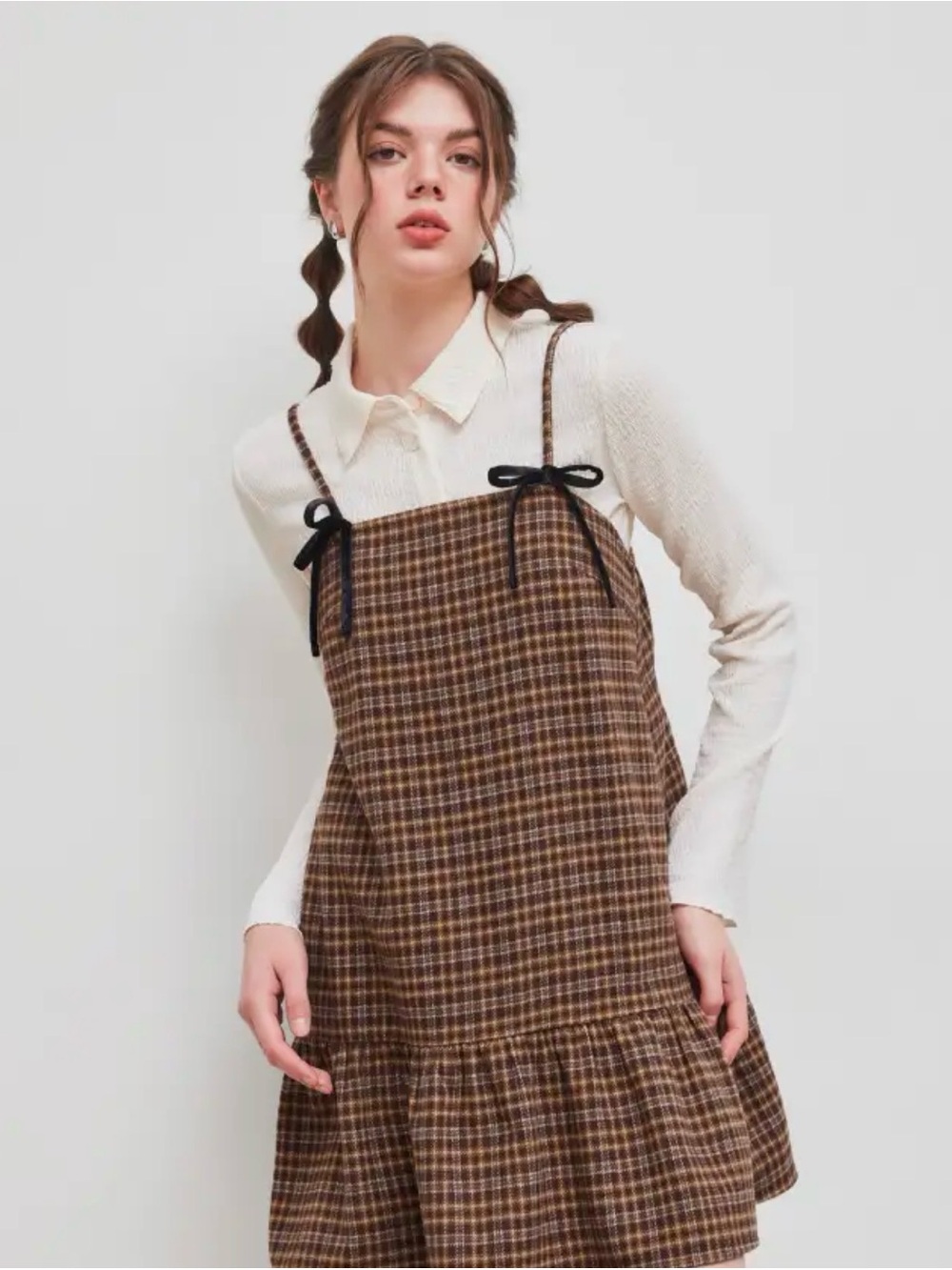 Cider Square Neck Check Babydoll Dress with Velvet Bows